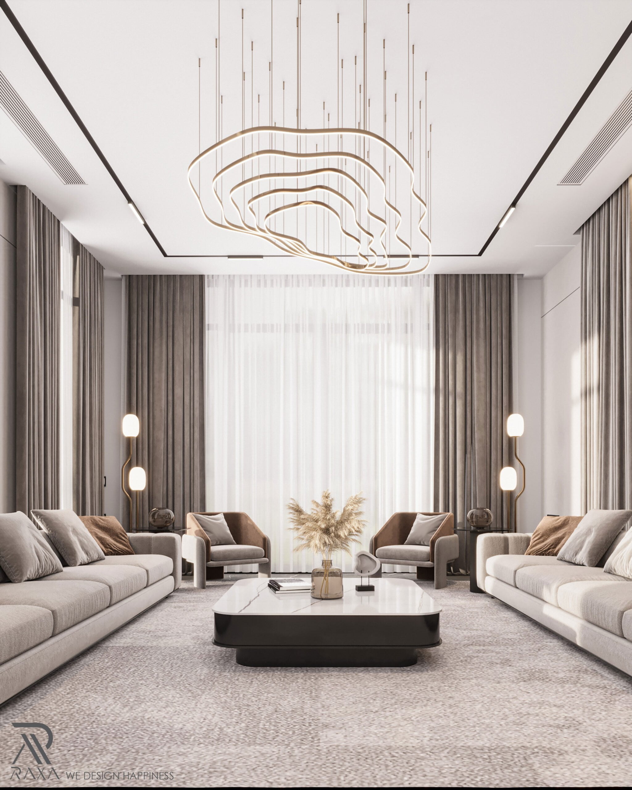 a modern living room with a chandelier hanging from the ceiling.