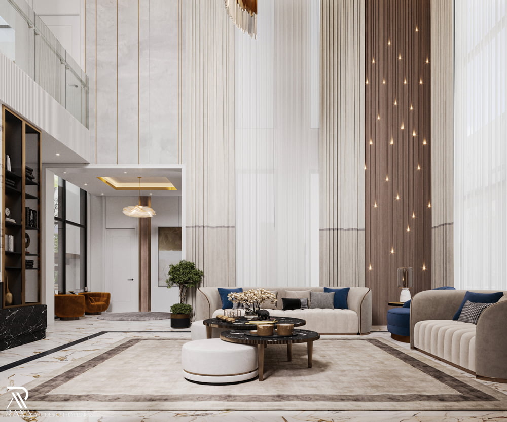 a living room in a modern building with high ceilings.