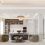 a 3d rendering of a kitchen and dining room.