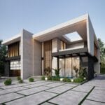 Modern luxury villa exterior in Chase Miami with flat roof, stone cladding, double-height entrance, large glass windows, and minimalist garden design by Basel Mzayek | RAXA Studio